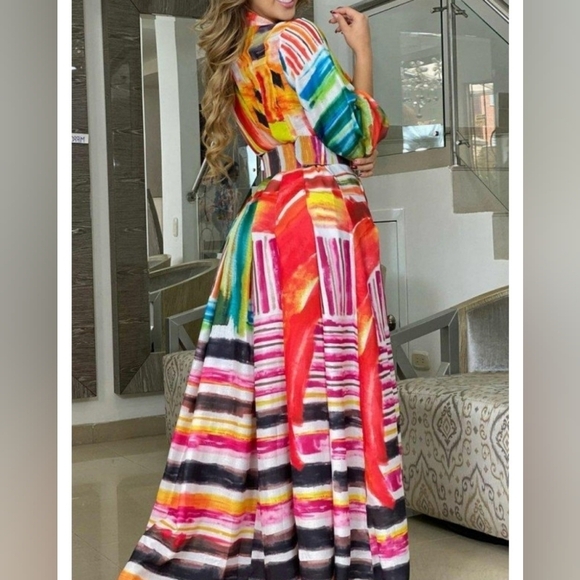 Boutique Colorful Printed 3/4 Sleeve Party Shirt Dress Stand Collar Belt Long - Picture 2 of 12